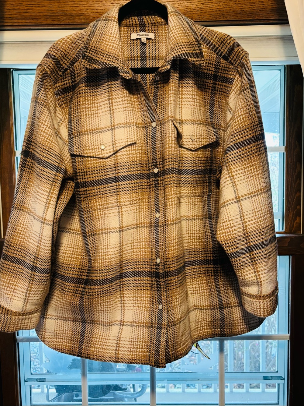 Madewell Oversized Plaid Shirt Jacket Shacket Beige Brown XL